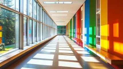 Bright, colorful hallway with large windows and sunlight streaming through.