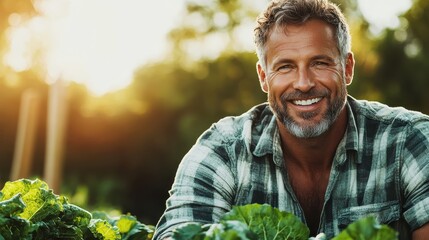A cheerful farmer smiling in a lush green field surrounded by vibrant vegetables, reflecting happiness, connection to nature, and the joys of sustainable farming and life's simple pleasures.
