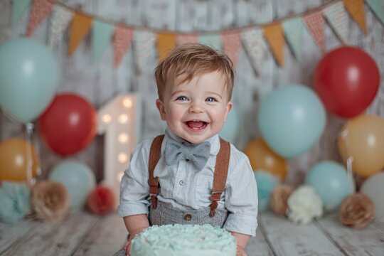 Adorable baby boy celebrates his first birthday with pastel-colored balloons and a cake. Perfect for birthday cards, invitations, and websites. Ideal for commercial use.