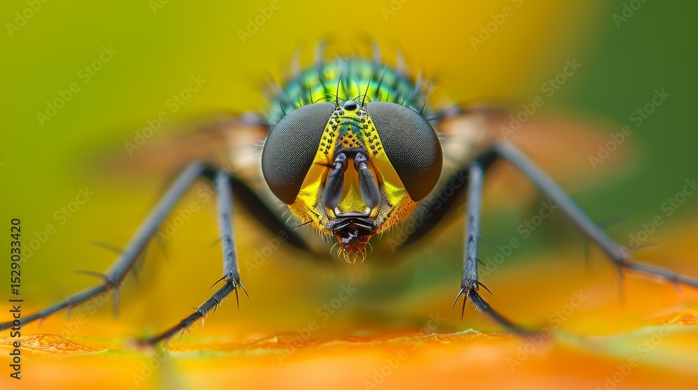 Poster a vibrant close-up of a multi-colored fly showcases its intricate features, emphasizing the beauty a