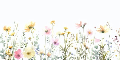 Watercolor wildflowers and grasses, pastel pink, yellow, beige, green, blue, and purple on a white background