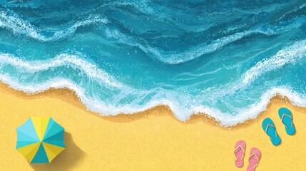Beach Umbrella and Flip-Flops: A vibrant summer scene, viewed from above, showing a yellow sandy beach, turquoise waves lapping the shore, a striped beach umbrella.