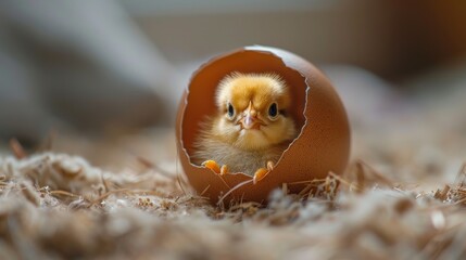 An adorable little chick emerges from its eggshell, bringing the essence of new life and freshness, showcasing nature's delicate process of growth and renewal.