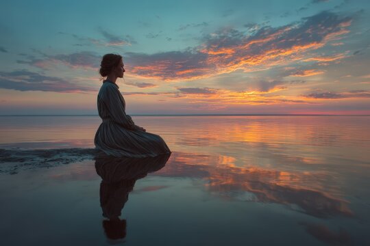Silhouette of a woman in a dress sits by the sea at sunset. Peaceful, serene atmosphere. Ideal for meditation, romance, and nature themes. Perfect for websites, blogs, and social media. - Powered by Adobe