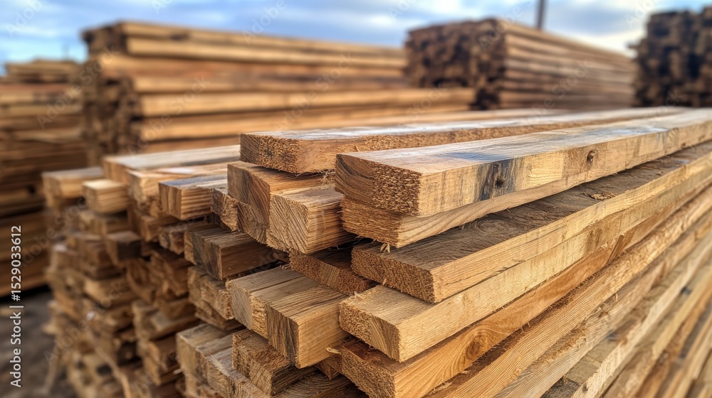 Poster a pile of neatly stacked wooden lumber, showcasing the texture and color variations that highlight t