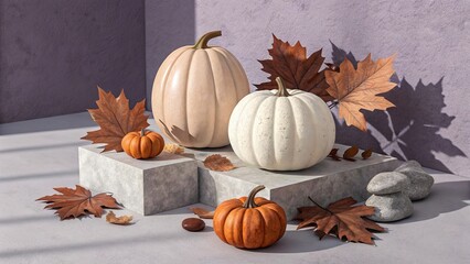 Elegant autumnal still life display featuring pumpkins maple leaves and decorative rocks