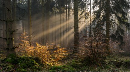 Obraz premium Sun rays shining through misty forest