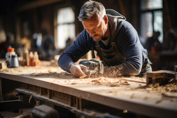 A skilled craftsman meticulously shapes a piece of wood in a workshop full of tools, signifying craftsmanship, dedication, and the beauty of handmade work.