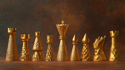 Gold chess pieces arranged in a row against a dark brown background.