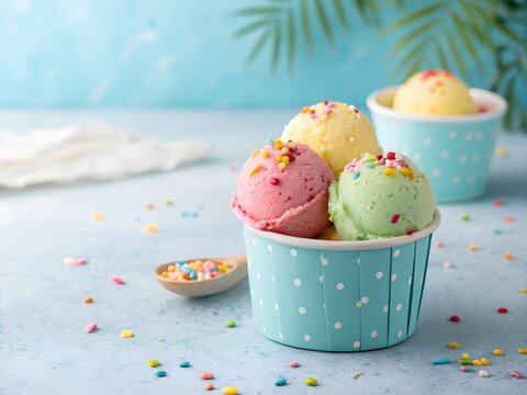 Colorful Ice Cream Scoops in a Polka Dot Cup