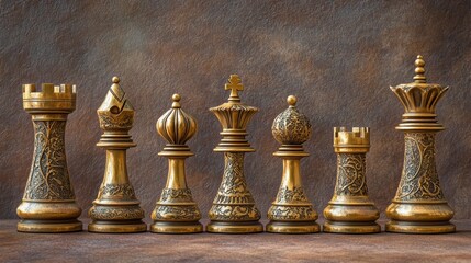 Ornate gold chess pieces arranged in a row against a dark brown background.