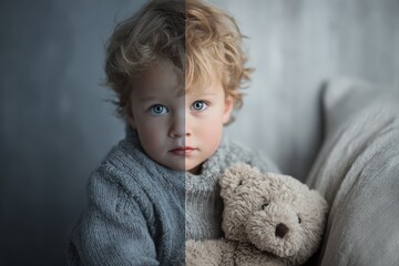 Adorable toddler boy with teddy bear.  Soft, heartwarming image ideal for greeting cards, children's products, and websites. Perfect for commercial use.