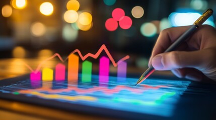 Hand analyzing vibrant financial graphs on a tablet at night.