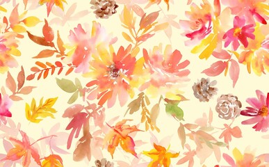 Seamless pattern of abstract autumn leaves, flowers painted in watercolor. Hand-drawn dahlias, autumn leaves and sunflower textile design for Thanksgiving. Wallpaper with dahlias, sunflowers.