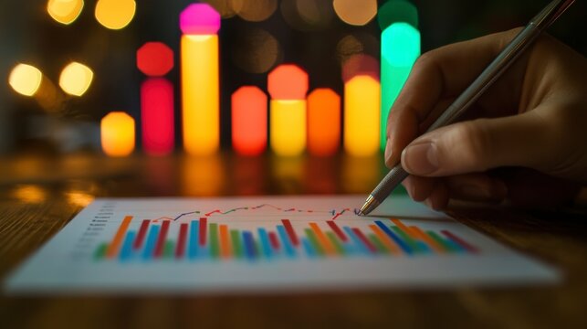Hand analyzing colorful bar graph chart on wooden table with bokeh lights.