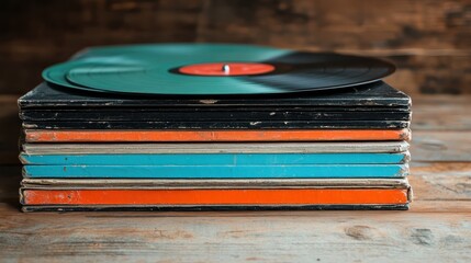 Fototapeta premium A collection of vintage vinyl records stacked neatly on a rustic wooden surface, showcasing the beauty of retro music culture and inviting nostalgia for music lovers.