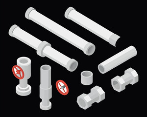 Isometric vector collection of steel pipes with industrial valves and connectors for oil, gas, and water pipeline applications.