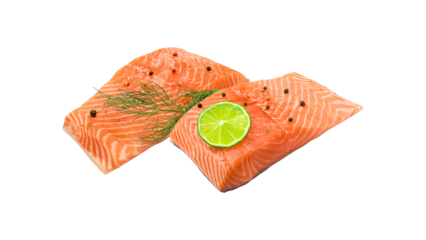 fresh salmon fillets with lime and dill on transparent background.