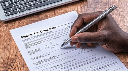 Obraz premium A close-up of a person's hand filling out a Student Tax Deductions form, emphasizing financial planning.