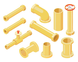 Isometric illustration set of yellow industrial gas pipe fittings, valves, and connectors, isolated for plumbing, construction, or factory engineering design.
