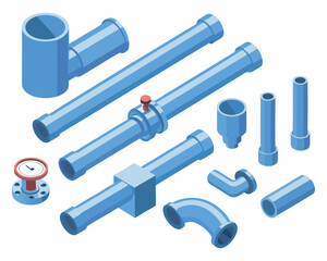 Isometric illustration of blue plumbing and water pipeline components including valves, gauges, and connectors for industrial fluid systems.