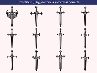 Excalibur (King Arthur's sword) silhouette vector set
