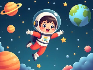 A cheerful child astronaut floating in space surrounded