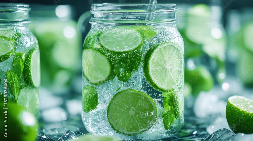 Poster a close-up view of refreshing sparkling water with lime slices served in a jar, showcasing its bubbl