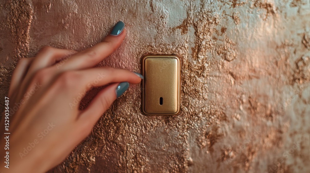 Aufkleber a close-up view of a hand reaching towards a stylish gold light switch on a textured wall, symbolizi
