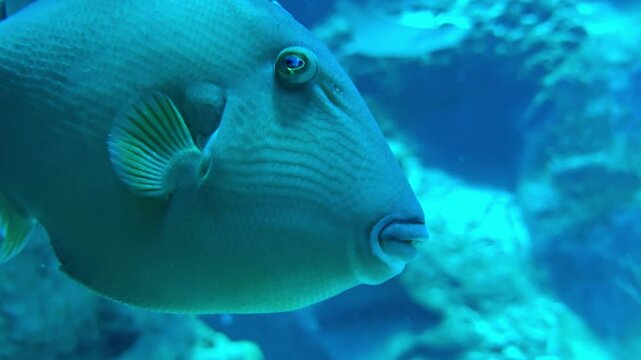 tropical triggerfish underwater, showing unique skin texture, eye detail, and fin structure. Vivid marine life in natural blue-green lighting