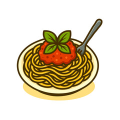 Hand drawn Detailed Spaghetti Noodle with Tomato Sauce and Basil Food Illustration