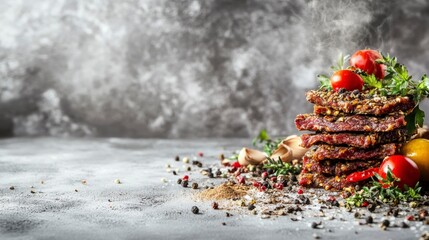 Spicy beef jerky stack with herbs and spices on a rustic surface.