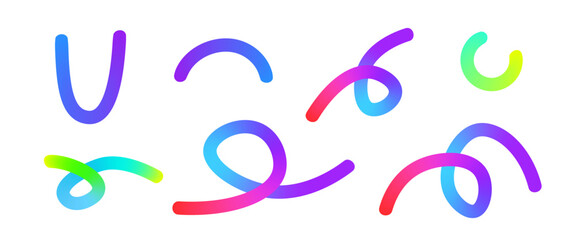 Obraz premium Colorful gradient curvy shapes set. Wavy squiggles abstract outlines collection. Decorative loop doodles. Iridescent curved figures. Vector gradations irregular strokes. Creative random path.