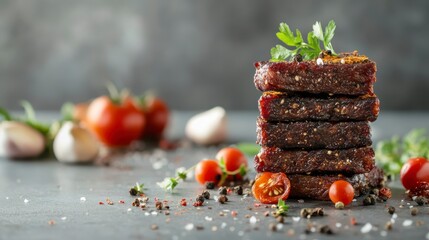 Stack of savory, spiced beef jerky with cherry tomatoes, garlic, herbs, and peppercorns.