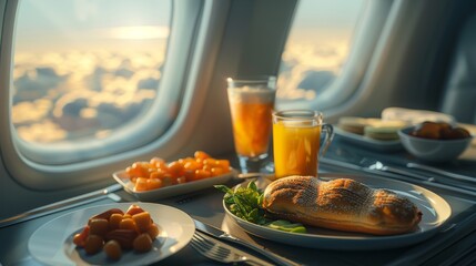 A beautifully presented in-flight meal consisting of a sesame roll and fresh fruits, viewed through an airplane window with clouds and sky, highlighting travel comfort and culinary delights.