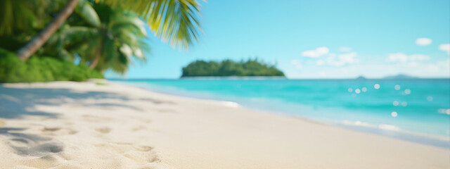 Fototapeta premium Blurred background tropical beach paradise. Summer vacation and tropical travel concept. Image for travel banner, with copy space