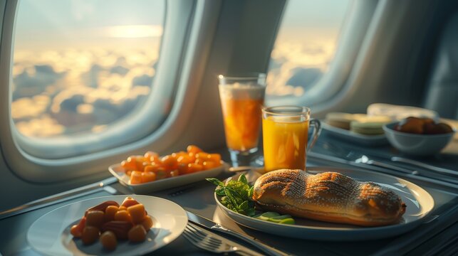 A beautifully presented in-flight meal consisting of a sesame roll and fresh fruits, viewed through an airplane window with clouds and sky, highlighting travel comfort and culinary delights.