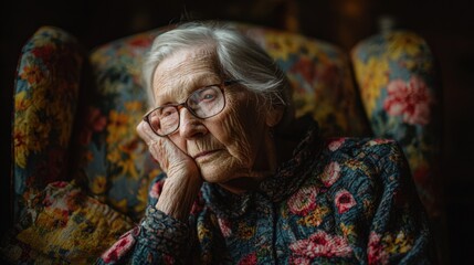 Pensieve elderly woman portrait.  Moody, emotional atmosphere. Ideal for articles on aging, healthcare, or emotional stories. Perfect for websites, magazines, and brochures.