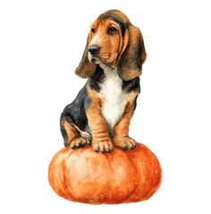 Adorable Basset Hound puppy sits atop a vibrant orange pumpkin, a charming autumn watercolor painting.