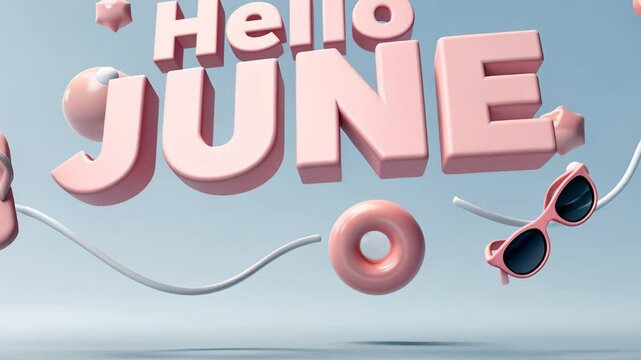 Dynamic summer welcome: floating sunglasses and inflatable rings surrounding "hello june" text
