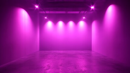 Empty room with glowing neon purple spotlights and abstract light effects, futuristic interior background with illuminated walls and floor, ideal for modern stage design, studio backdrop, or sci-fi di