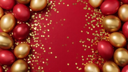 Red And Gold Balloons And Confetti Scatter Across A Deep Red Background, celebratory backdrop or festive banner, copy space