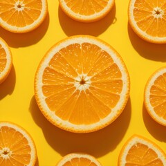 Fototapeta premium Bright orange slices on yellow background
