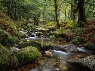 Serene forest stream flowing over moss-covered rocks.  Perfect for nature documentaries, travel brochures, or websites needing a calming, natural background image. Ideal for commercial use.