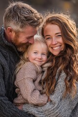 Happy family portrait. Parents and daughter hugging. Warm, cozy atmosphere. Perfect for family, love, and togetherness themes. Ideal for websites, blogs, and advertising. 147 characters