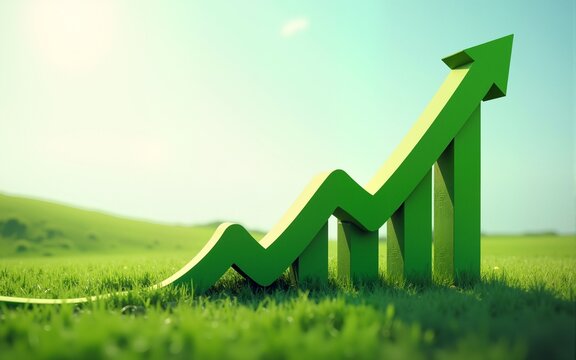 A green upward trend graph symbolizing growth and success in a vibrant landscape, ideal for business, finance, or sustainability themes. High quality