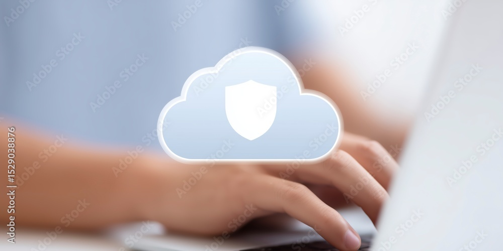 Poster hands typing on a laptop keyboard with a cloud security icon overlay, representing digital protectio
