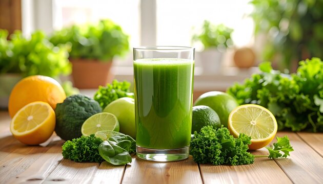 Healthy green smoothie surrounded by fresh fruits and vegetables
