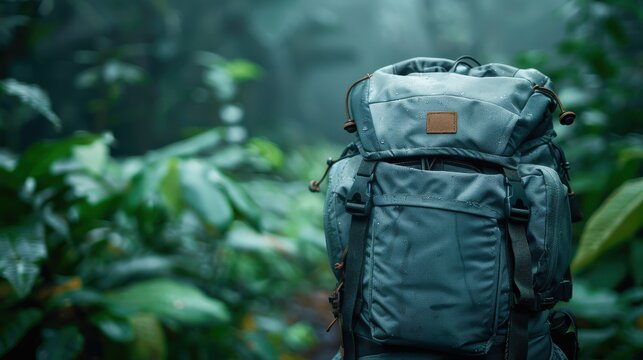 A rugged, water-resistant backpack set against the lush greenery of a rainforest, symbolizing adventure and exploration in nature's most vibrant and untouched places.