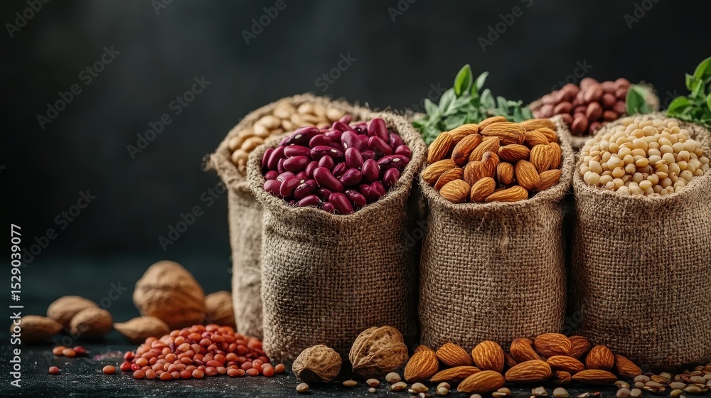 Aufkleber an array of colorful beans, nuts, and lentils displayed in burlap sacks against a dark backdrop, hig